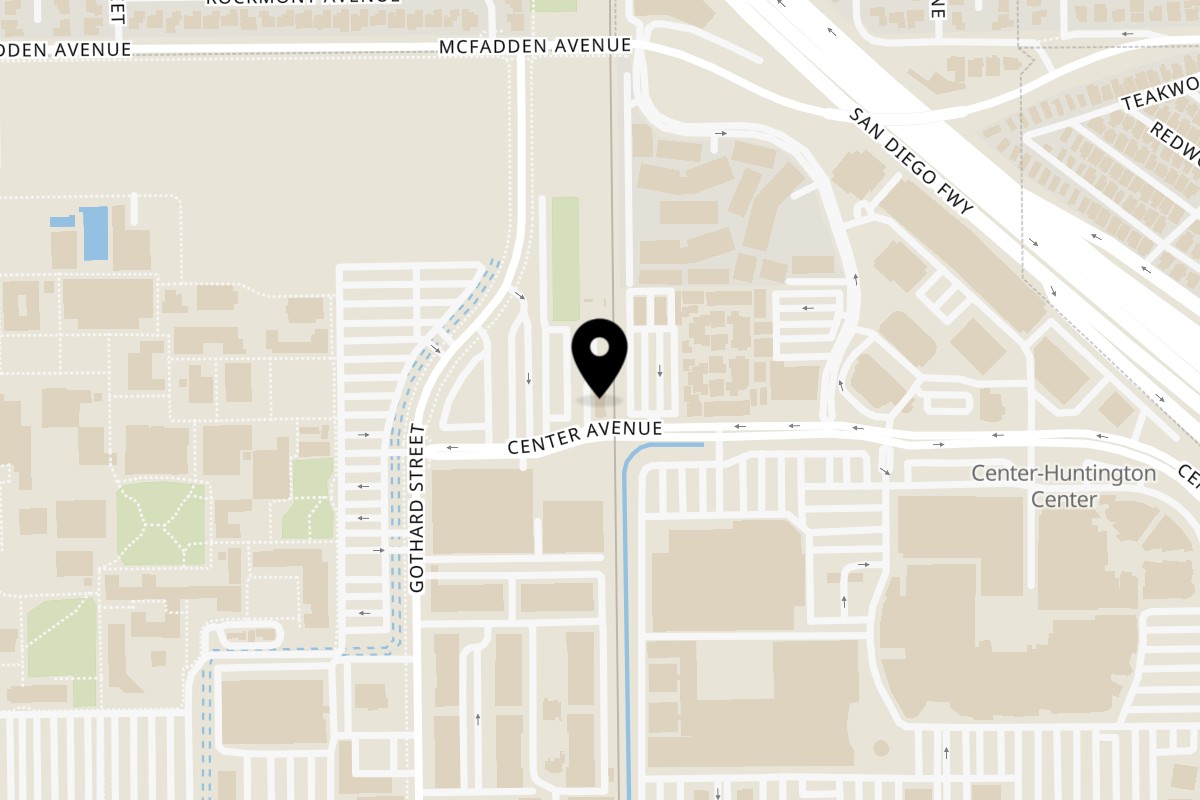 Map showing the location of Bunz Burger on 7491 Center Avenue in Huntington Beach
